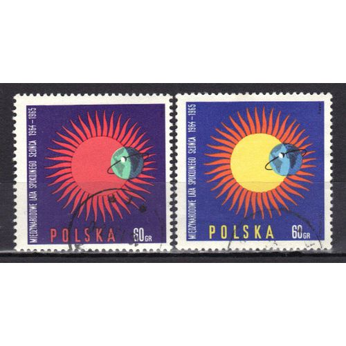 Pologne 1965 : Année Internationale Du Soleil Calme : Soleil Et Globe - Série De 2 Timbres Oblitérés