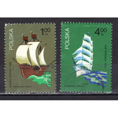 Pologne 1974 : Les Voiliers Polonais Célèbres : Série De 2 Timbres Oblitérés