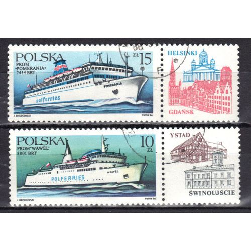 Pologne 1986 : Transports Maritimes : Série De 2 Timbres Oblitérés + Vignettes