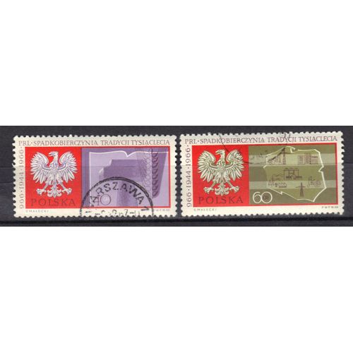 Pologne 1966 : Millénaire De L'etat : Aigle National : Marteau, Épi Et Constitution / Carte - Série Entière De 2 Timbres Oblitérés