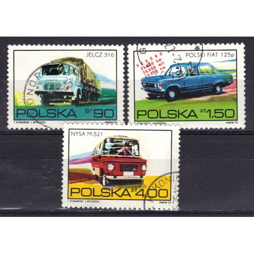Pologne 1973 : Développement De La Motorisation : Voiture / Camions - Série De 3 Timbres Oblitérés