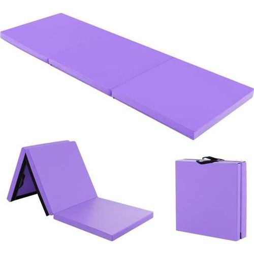 Costway Tapis De Gymnastique Pliable 180 X 60 X 5 Cm En 3 Plis Avec 2 Poignées,Velcro 3 Côtés En Pu Etanche Remplissage Epe Violet