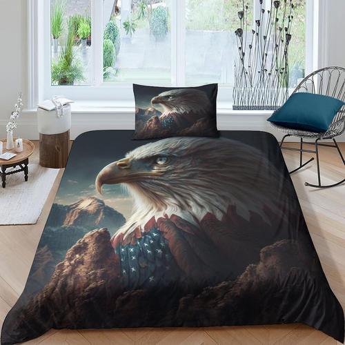 Pi¿¿Ces Parure De Lit D American Flag Housse De Couette Avec Taies D'oreiller,Usa Flag Eagle Housses Couettes Microfibre Avec Fermeture ¿¿Clair Adulte