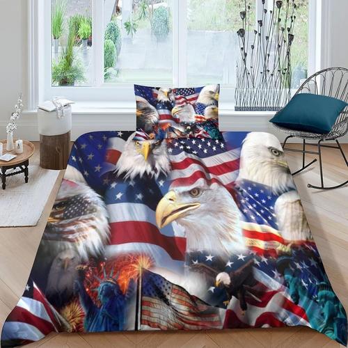 D American Flag Housse De Couette Parure De Lit En Microfibre Et Taie D'oreiller Pour Pi¿¿Ces, Usa Flag Eagle Ousse De Couette Avec Fermeture ¿¿ Glissi