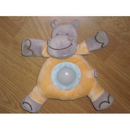 Doudou Peluche Hippopotame Rhinoceros Gris Bleu Orange Influx Cora Lumineux Lumiere