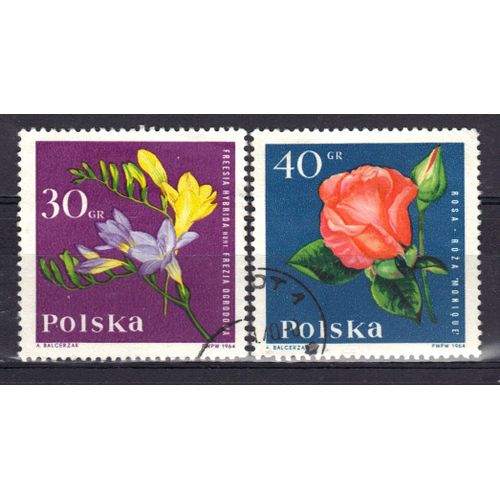 Pologne 1964 : Fleurs : Freesia / Rose Monique - Série De 2 Timbres Oblitérés