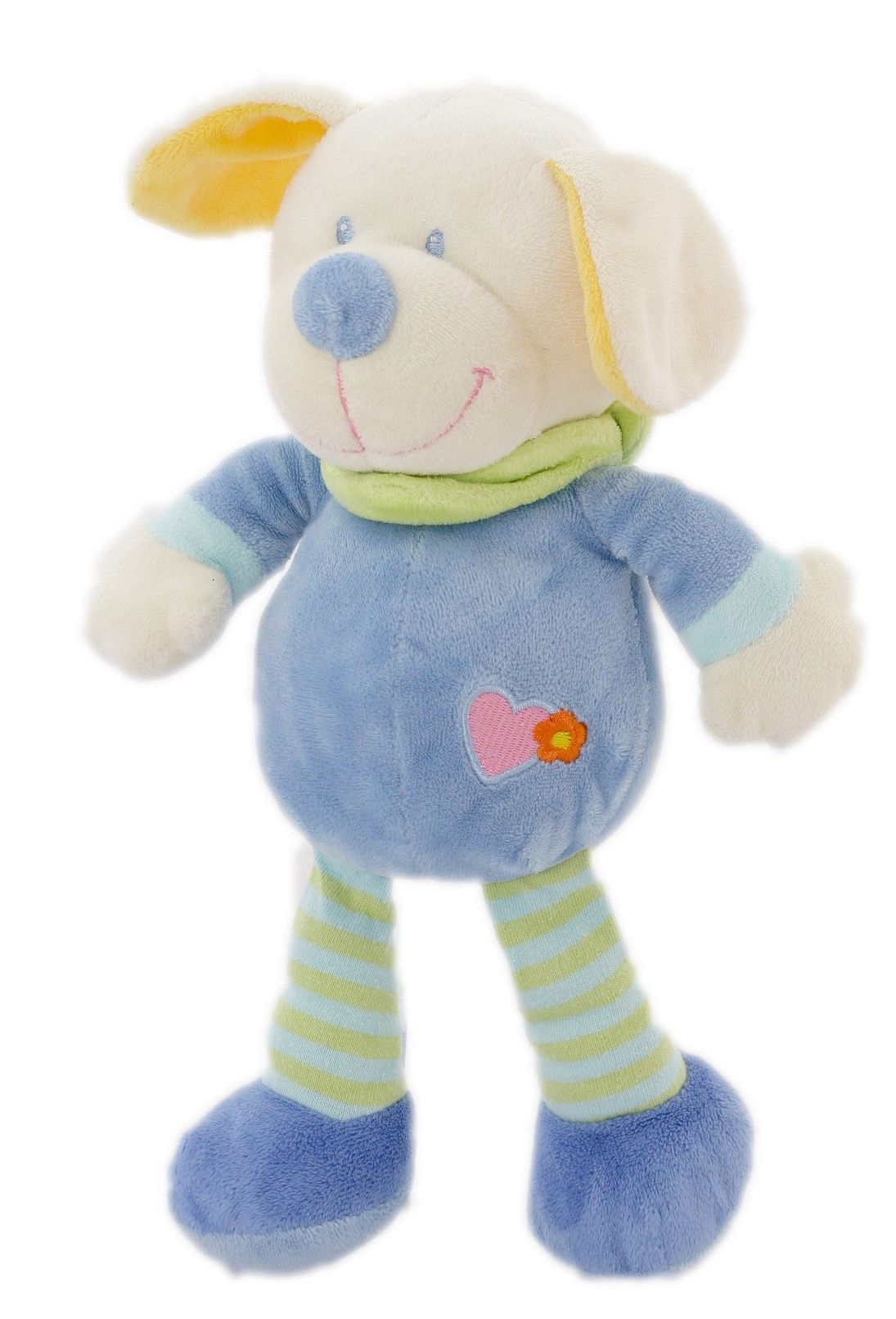 Doudou Chien Bleu Vert Nicotoy - Coeur Brodé - Echarpe Verte - 26 Cm