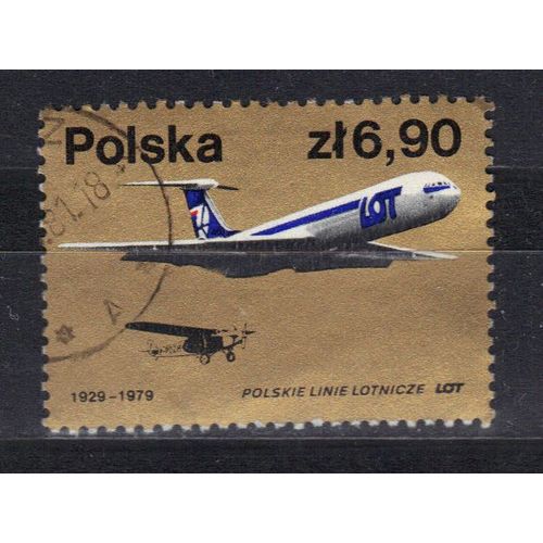 Pologne 1979 : 50è Anniversaire De La Compagnie Aérienne "Lot" : Avions De 1929 À 1979 - Timbre Oblitéré Couleur Or