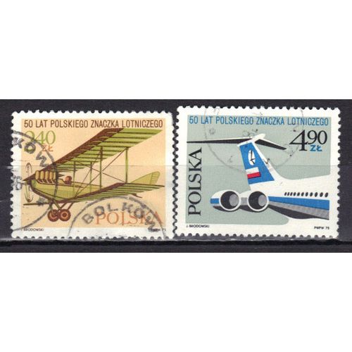 Pologne 1975 : Avion-École De 1918-1925 (Albatros) / Avion Iliouchine (Il62) - Série De 2 Timbres Oblitérés
