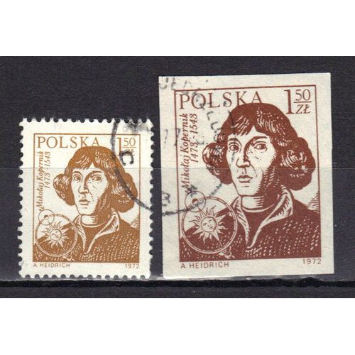 Pologne 1973 : 500è Anniversaire De La Naissance De Nicolas Copernic, Astronome Polonais (1473-1543) - Lot De 2 Timbres Oblitérés Dont 1 Timbre Non-Dentelé