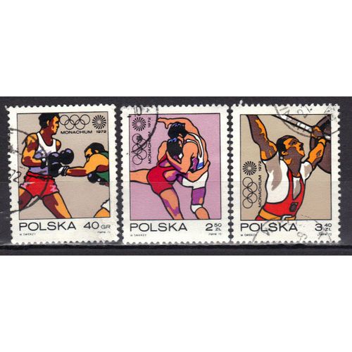Pologne 1972 : Jeux Olympiques De Munich : Boxe / Lutte / Poids Et Haltères - Série De 3 Timbres Oblitérés
