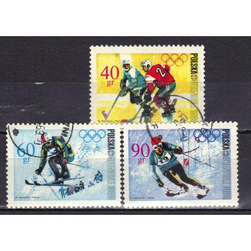 Pologne 1968 : 10è Jeux Olympiques D'hiver À Grenoble : Hockey Sur Glace / Ski (Slalom) / Saut À Skis - Série De 3 Timbres Oblitérés