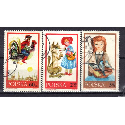 Pologne 1968 : Fables Diverses : Monsieur Twardowski / Le Petit Chaperon Rouge / Cendrillon - Série De 3 Timbres Oblitérés