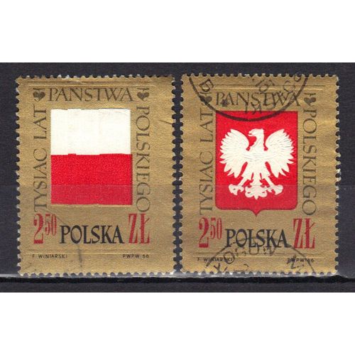 Pologne 1966 : Millénaire De L'etat : Drapeau / Aigle - Série De 2 Timbres Oblitérés