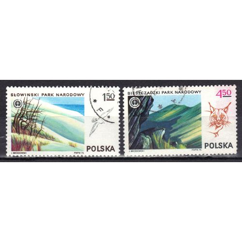 Pologne 1976 : Parcs Nationaux : Vues Et Animaux - Série De 2 Timbres Oblitérés
