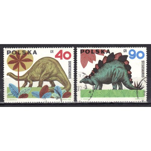 Pologne 1965 : Animaux Préhistoriques : Brontosaure / Stégosaure - Série De 2 Timbres Oblitérés