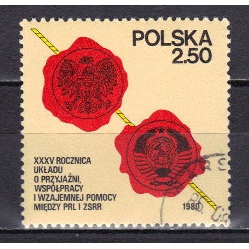 Pologne 1980 : 35è Anniversaire Du Traité D'amitié Avec L'urss : Seaux Polonais Et Russe - Timbre Oblitéré