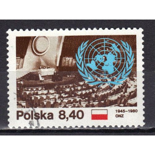 Pologne 1980 : 35è Anniversaire De L'organisation Des Nations Unies : Salle Des Conférences Et Emblème De L'o.N.U. - Timbre Oblitéré