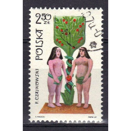 Pologne 1969 : Sculpture Populaire Polonaise : Adam Et Eve - Timbre Oblitéré