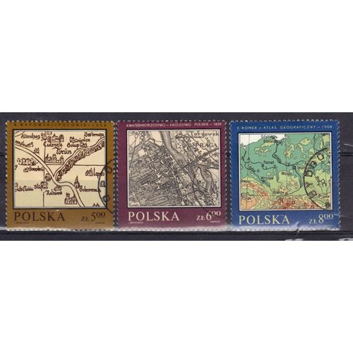 Pologne 1982 : Cartographie Polonaise : Carte De La Pologne / Plan De Varsovie / Carte De Pologne De L'atlas - Série De 3 Timbres Oblitérés