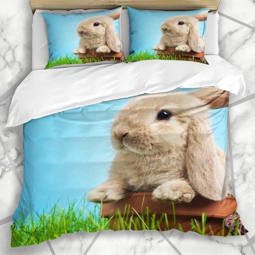 Literie - Housse De Couette Gris Mignon Lapin Herbe Lapin Vert Printemps Jeune Charme Oreille Marguerites Ensemble Trois Pi¿¿Ces En Microfibre A