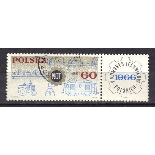 Pologne 1966 : 5è Congrès National Technique : Progrès Techniques Et Emblème - Timbre Oblitéré + Vignette