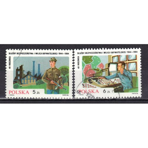 Pologne 1984 : 40è Anniversaire Des Milices Populaires : Milicien Gardant Une Usine / Officier De La Milice Au Standard - Série De 2 Timbres Oblitérés