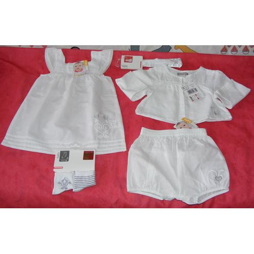 Ensemble Robe + Veste + Bloomer + Chaussettes Collection 2012" Douceur D'¿Été " Orchestra Idéale Cérémonie Blanc Avec Broderies Neuf Avec Étiquette Taille 9 Mois