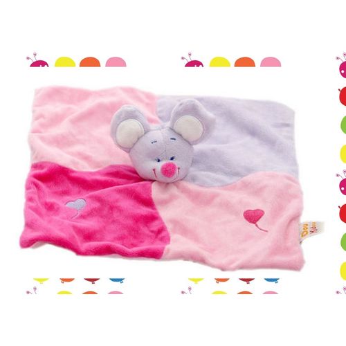 Doudou Plat Carré Souris Rose Coeurs Brodés - Dou Kidou