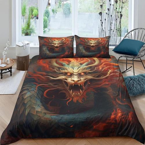 Parure De Lit Dragon D Shenlong Avec Housse De Couette Et Taies D'oreiller Pour Lit Double