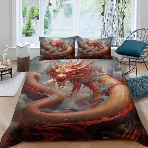 Parure De Lit Dragon D Shenlong Avec Housse De Couette Et Taies D'oreiller Pour Lit Double