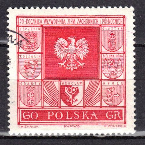 Pologne 1965 : 20è Anniversaire Du Retour Des Territoires De L'ouest : Aigle Polonais Et Armoiries Des Villes - Timbre Oblitéré