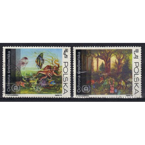 Pologne 1973 : Protection De La Nature : Faune Et Flore Marine / Forêts - Série De 2 Timbres Oblitérés