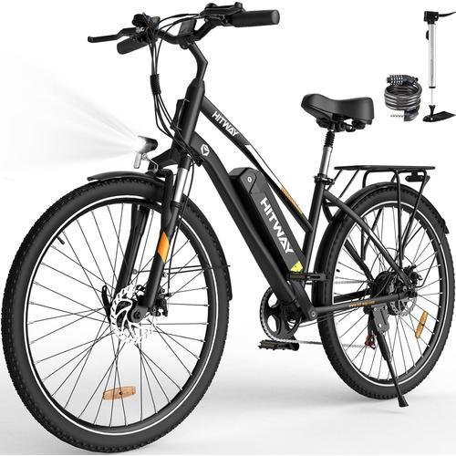 Hitway Vélo Électrique Bk27 , 28" Vélos À Assistance Électrique, Ville Avec Batterie Amovible 36v 12ah, Moteur 250w, 7 Vitesses, E-Bike Urbain Pour Adulte Homme Femme Autonomie Jusqu'à 35-90km Noir