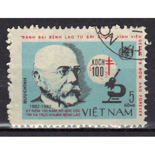 Vietnam 1983 : Centenaire De La Découverte Du Bacille De Koch : Portrait Du Dr Koch Et Microscope - Timbre Oblitéré