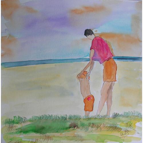 La Mère Et L'enfant À La Plage (Aquarelle) 30x30cm