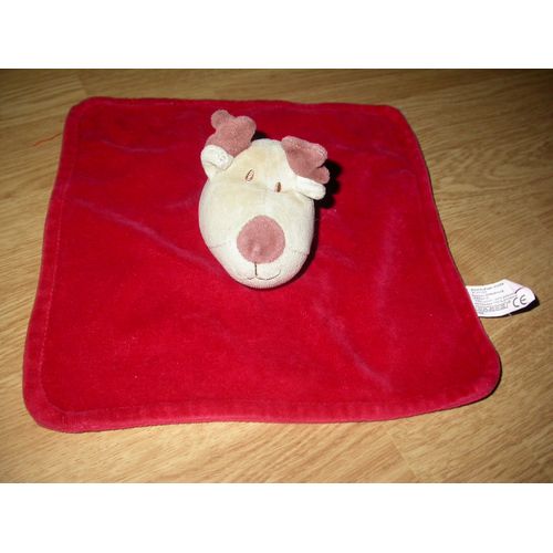 Doudou Tête Renne Cerf Caribou Elan Beige Doudou Plat Rouge Vif 23/23 Cm Cora Velours Ref 1466