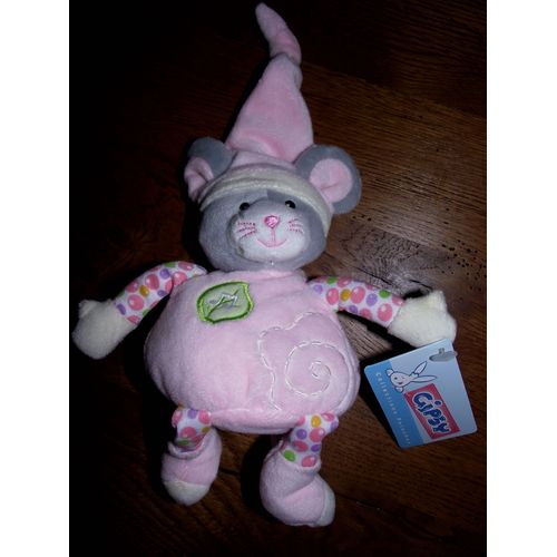 Doudou  Souris  Musical Gipsy Peluche  Gris Rose Feuilles Brodée Tissus Pois