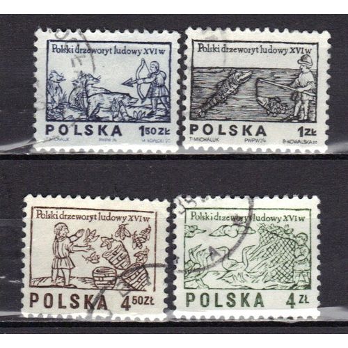 Pologne 1974/77 : Gravures Sur Bois Du 16è Siècle - Série Entière De 4 Timbres Oblitérés