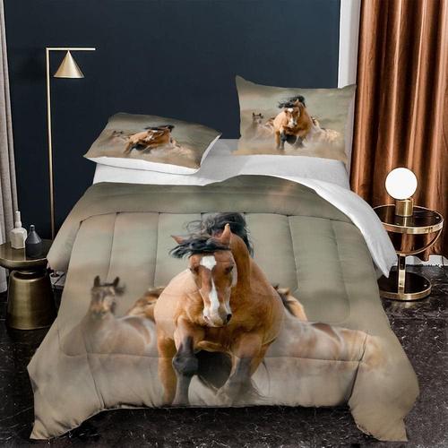 Parure De Lit Pi¿¿Ces En Microfibre Avec Taies D'oreiller, Motif Cheval Marron, Pour Gar?Ons, Adolescents, Enfants, Taille Compl¿¿Te, Th¿¿Me Animal Sauvage, Moderne