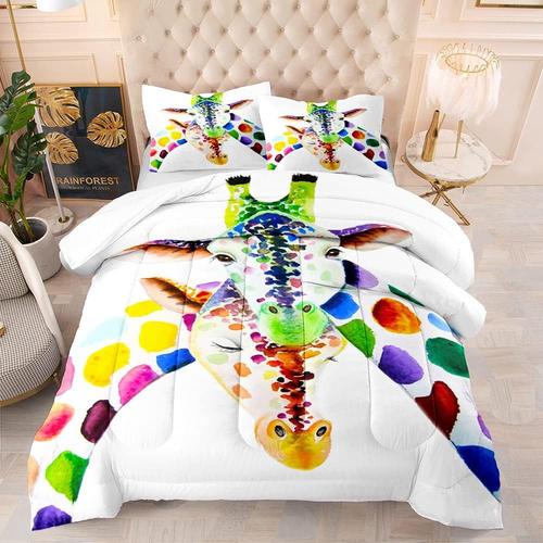 Parure De Lit Matelass¿¿E Avec Motif Girafe Color¿¿E, Aquarelle, Animal Du Zoo, Parure De Lit Pour Enfants, Filles, Gar?Ons, Adultes, Parure De Lit L¿¿G¿¿Re En Microfibre King Size Ave