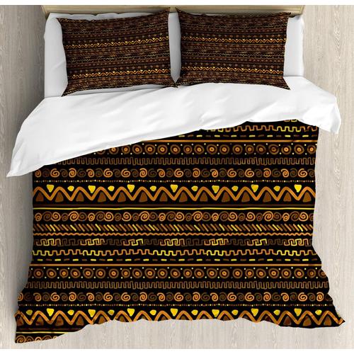 Parure De Lit Africaine Avec Housse De Couette, Cercles Et Spirales En Zigzag ¿¿ Chevrons, Design Artistique Vintage Intemporel, Doodle Oriental, Parure De Lit D¿¿Corative Adc Avec