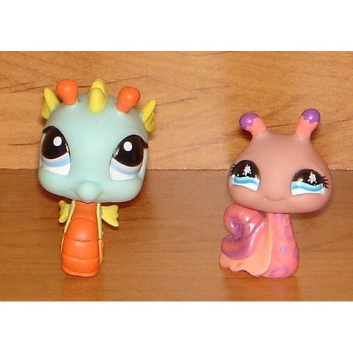 Lot 2 Petshop : Hippocampe Turquoise/Orange/Jaune + Escargot Nacré