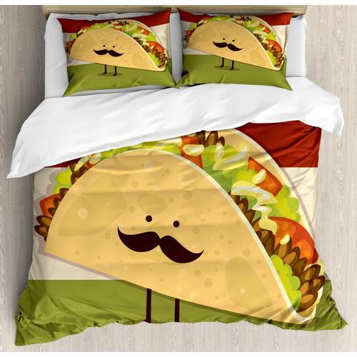 Parure De Lit Avec Housse De Couette, Taco Mexicain Avec Visage Moustachu Roulé Avec Légumes, Humour, Bande Dessinée, Parure De Lit Décorative Adc Avec Taies D'oreiller, Californ