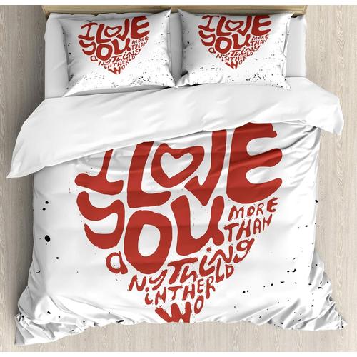 Parure De Lit I Love You More, Je T'aime Plus Que Tout Au Monde Dans Un C¿Ur Coloré, Parure De Lit Décorative Adc Avec Taies D'oreiller, Taille Queen, Rouille Noir Blanc