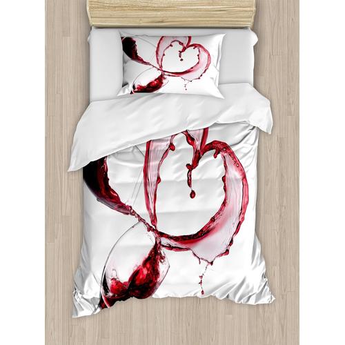 Ensemble De Housse De Couette À Vin, Forme De C¿Ur Renversant Une Boisson Rouge Dans Des Verres, Concept Romantique De Saint-Valentin, Ensemble De Literie Décoratif Pièces Avec