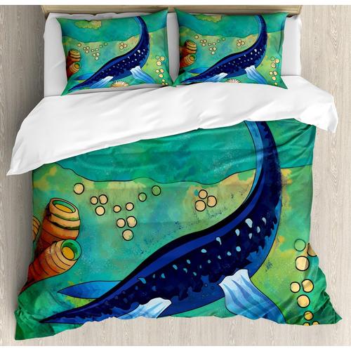 Parure De Lit Dinosaure, Créature Marine Sauvage, Plésiosaure Dans Son Habitat Sous-Marin, Parure De Lit Décorative Adc Avec Taies D'oreiller, King Size, Vert Jade, Bleu Marine