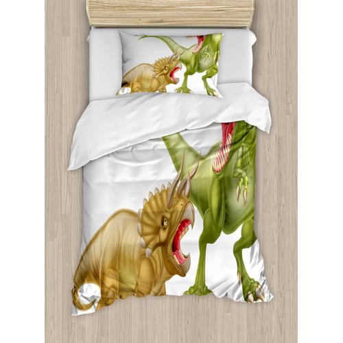 Parure De Lit Dinosaure T Rex Contre Triceratops Se Faisant Peur, Reptiles Sauvages, Parure De Lit Décorative Pièces Avec Taie D'oreiller, Taille Double, Vert, Rose, Marron Pâl