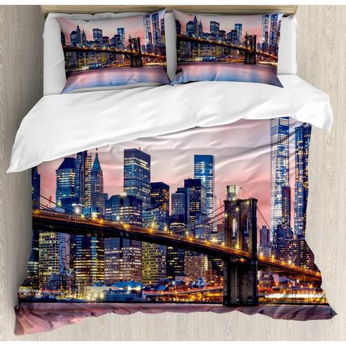 Parure De Lit New York, Pont De Brooklyn Et Horizon De Lower Manhattan Sous Un Lever De Soleil Rose, Image Artistique Longue Exposition, Parure De Lit Avec Housses De Couette Et