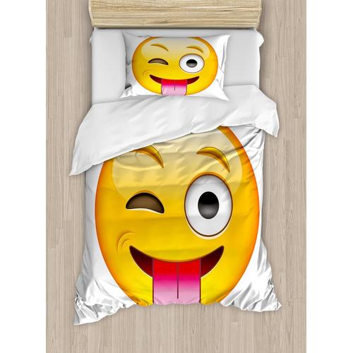 Emoji Parure De Lit Pièces Avec Housse De Couette Et Taie D'oreiller, Motif Dessin Animé, Sourire, Coquin, Sarcastique, Visage Heureux Avec Langue, Imprimé Moderne, Taille Doub